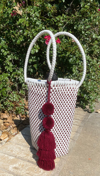 Maroon and White Hand Woven Wine Tote