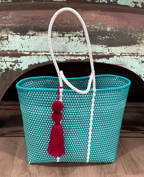 Marco Turquoise and White Handwoven Tote