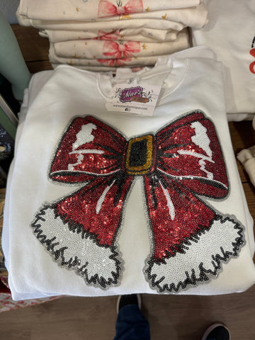 Red Sequin Bow on White Sweatshirt