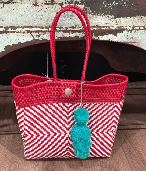 Emmanuel Red and White Hand Woven Tote with Clasp