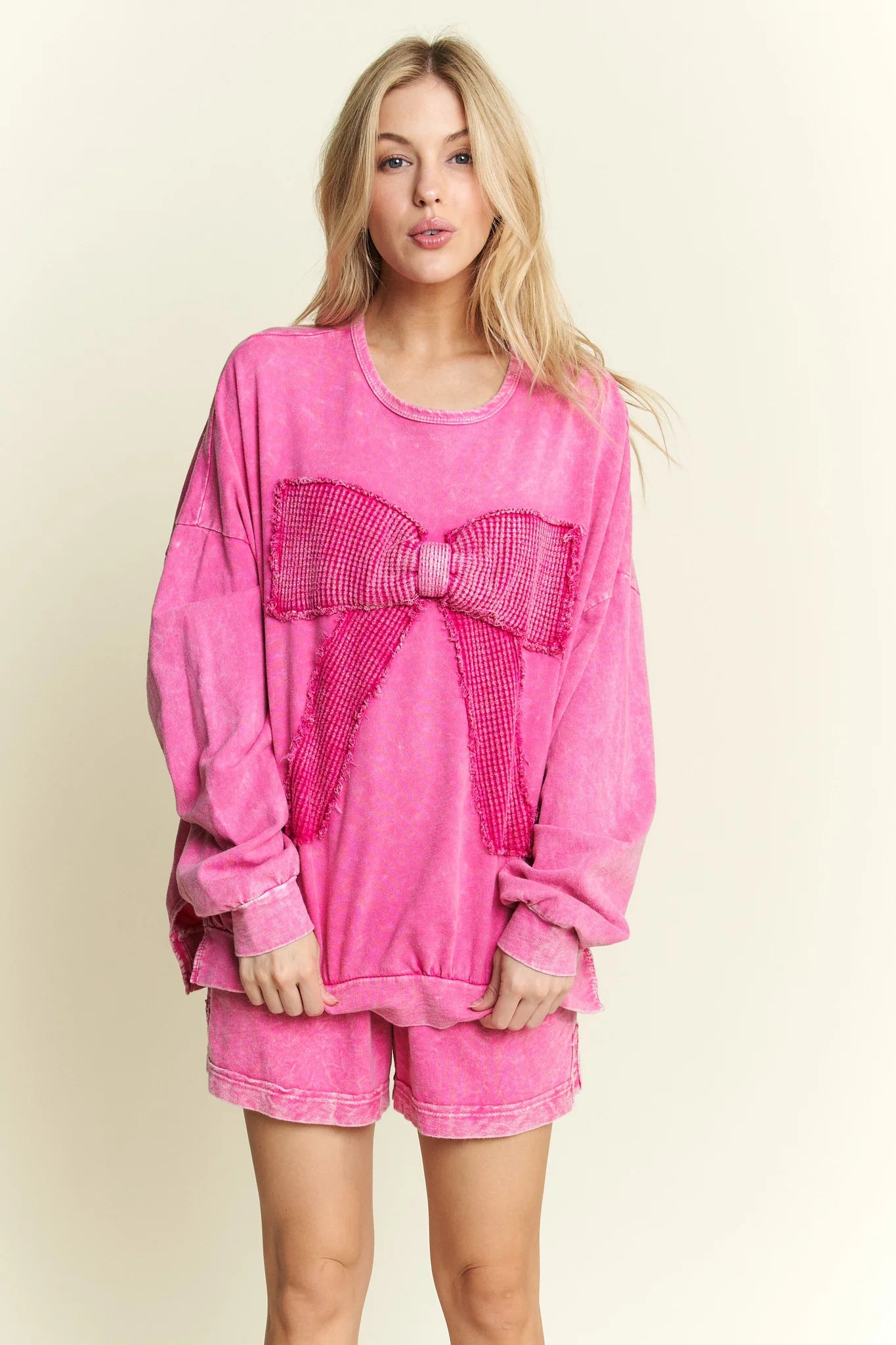Waffle Ribbon Bow Terry Top - Hot Pink