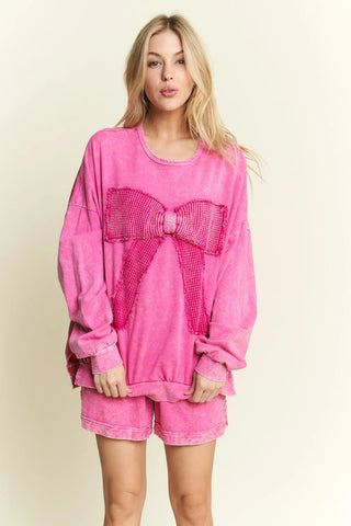 Waffle Ribbon Bow Terry Top - Hot Pink