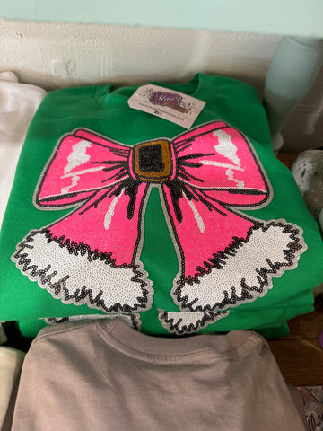 Pink Sequin Bow on Green Sweatshirt