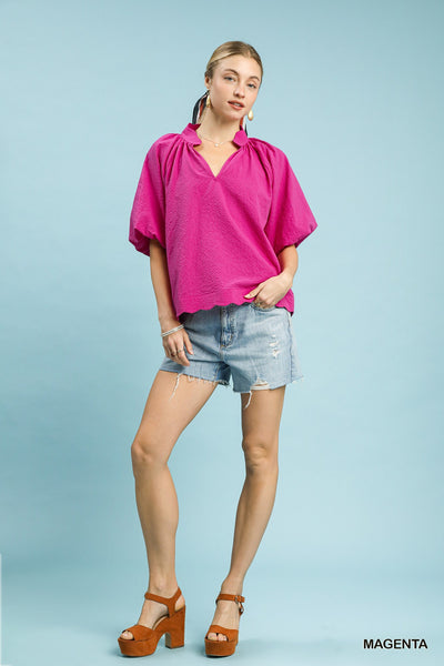 Bubbled Sleeved Seersucker Magenta Top