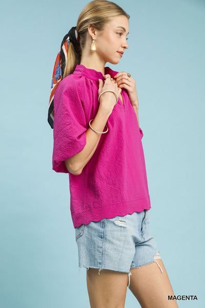 Bubbled Sleeved Seersucker Magenta Top