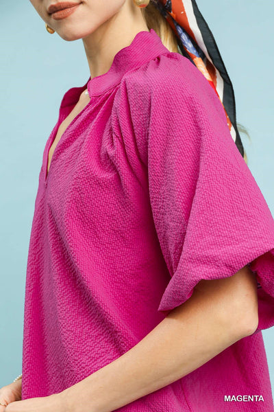 Bubbled Sleeved Seersucker Magenta Top