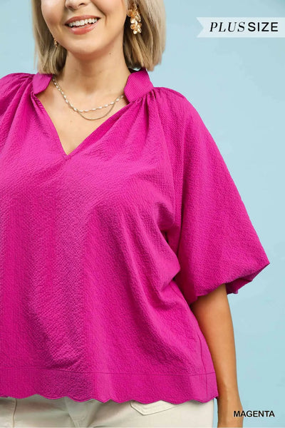 Bubbled Sleeved Seersucker Magenta Top