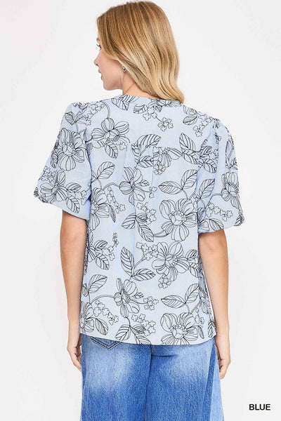Embroidered Floral Print Blue Blouse