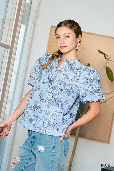 Embroidered Floral Print Blue Blouse