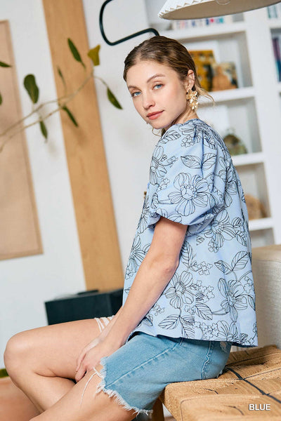 Embroidered Floral Print Blue Blouse