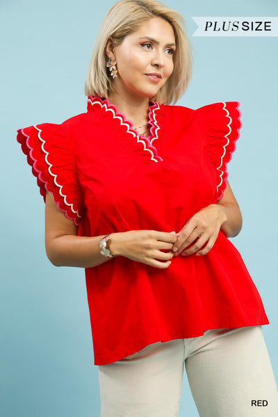 Scallop Trim Ruffle Sleeve Red Top