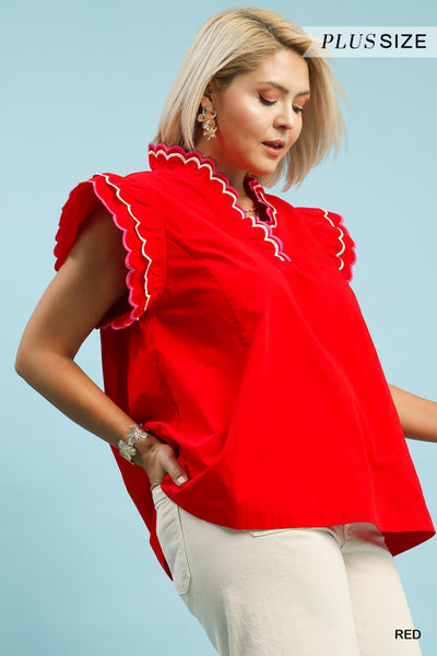 Scallop Trim Ruffle Sleeve Red Top