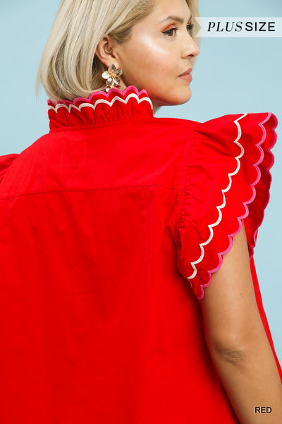 Scallop Trim Ruffle Sleeve Red Top