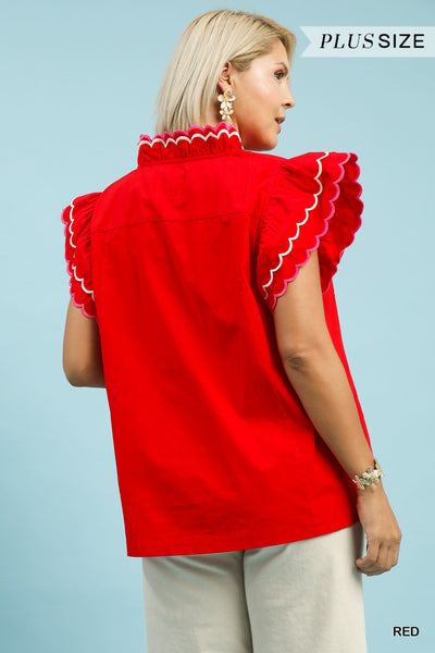 Scallop Trim Ruffle Sleeve Red Top