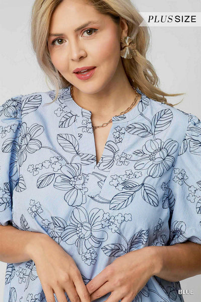 Embroidered Floral Print Blue Blouse