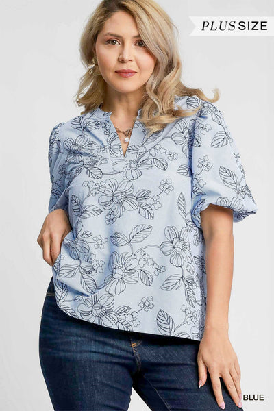 Embroidered Floral Print Blue Blouse