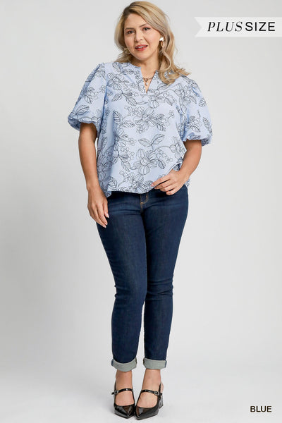 Embroidered Floral Print Blue Blouse