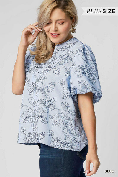 Embroidered Floral Print Blue Blouse