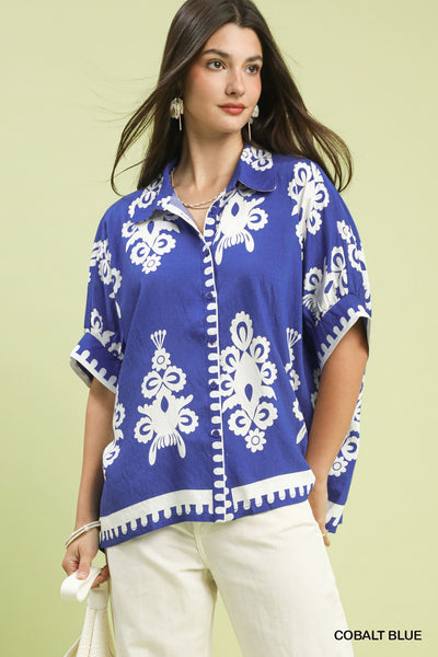 Oversized Abstract Blue Button Down Top