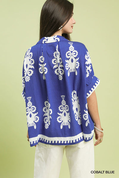 Oversized Abstract Blue Button Down Top