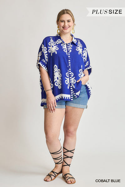 Oversized Abstract Blue Button Down Top