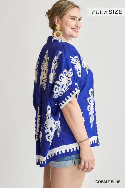 Oversized Abstract Blue Button Down Top