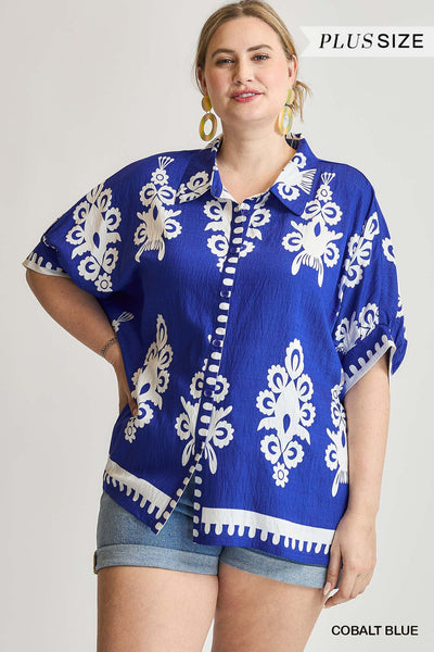 Oversized Abstract Blue Button Down Top