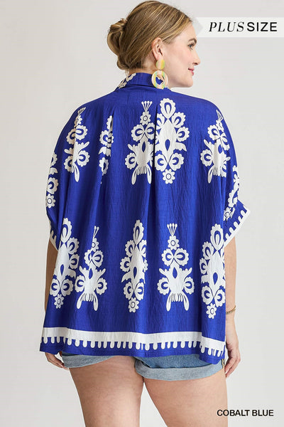Oversized Abstract Blue Button Down Top