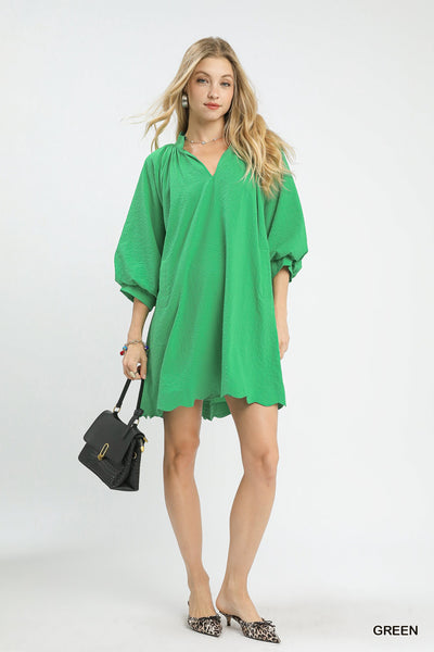Textured Pocket Scallop Green Dress