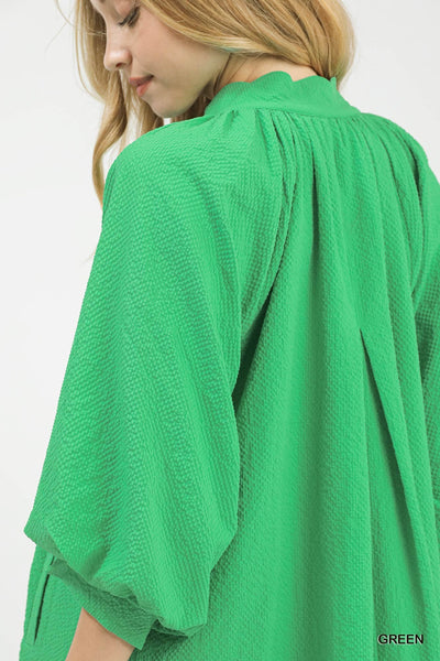 Textured Pocket Scallop Green Dress