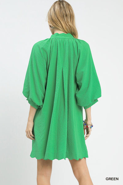 Textured Pocket Scallop Green Dress