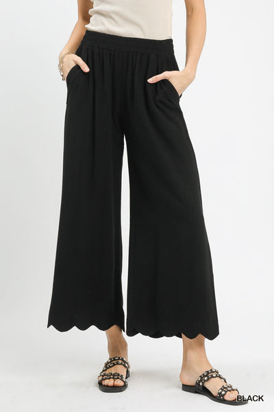 Linen Blend Scallop Hem Wide Leg Black Pants