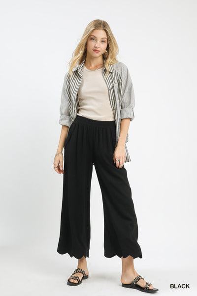 Linen Blend Scallop Hem Wide Leg Black Pants
