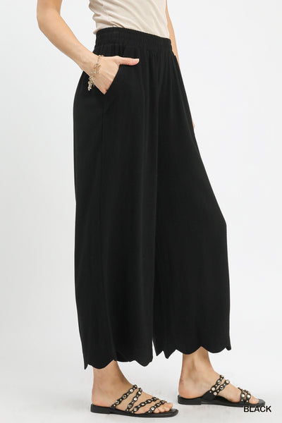Linen Blend Scallop Hem Wide Leg Black Pants