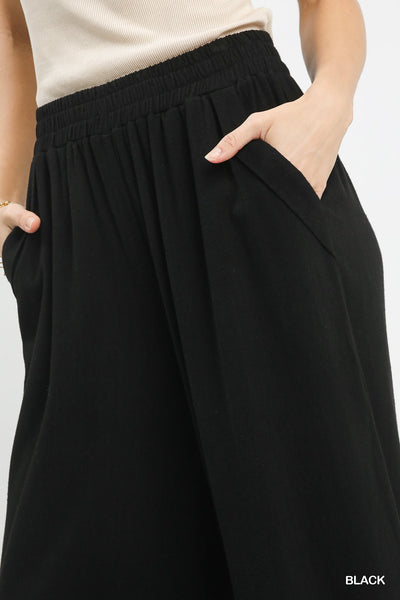 Linen Blend Scallop Hem Wide Leg Black Pants