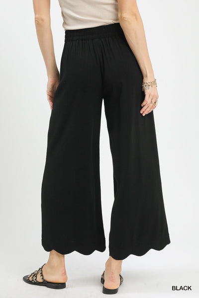 Linen Blend Scallop Hem Wide Leg Black Pants