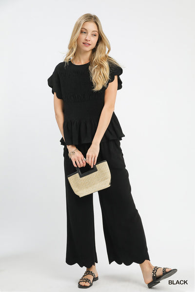 Linen Blend Scallop Hem Wide Leg Black Pants