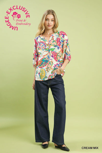 Paisley Print Cream V-neck Top