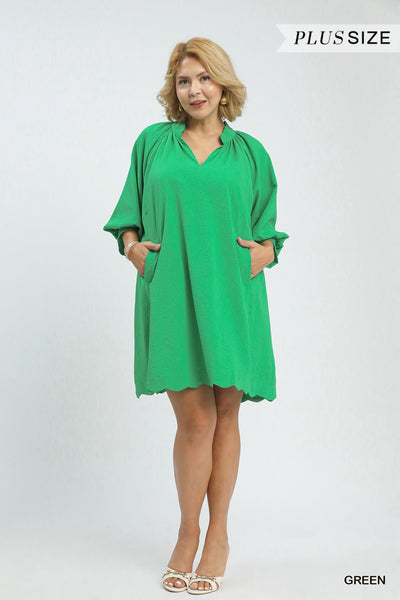 Textured Pocket Scallop Green Dress