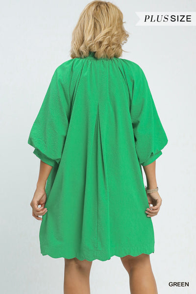 Textured Pocket Scallop Green Dress
