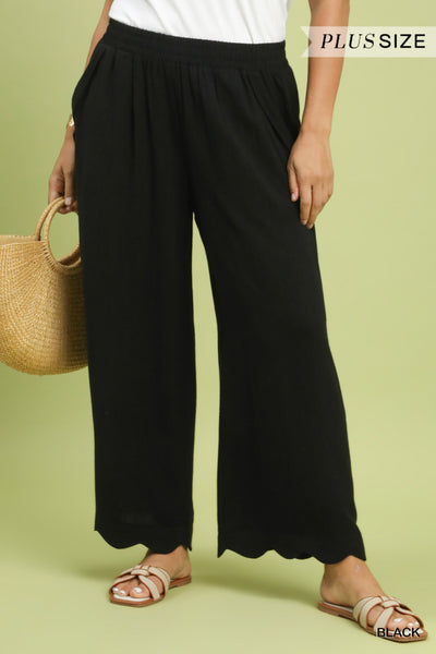 Linen Blend Scallop Hem Wide Leg Black Pants