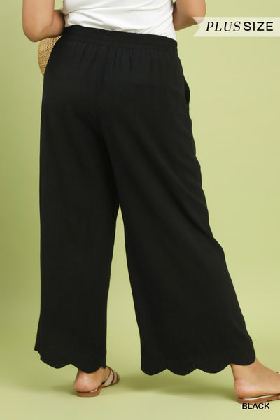 Linen Blend Scallop Hem Wide Leg Black Pants