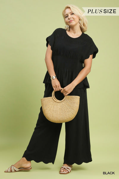 Linen Blend Scallop Hem Wide Leg Black Pants