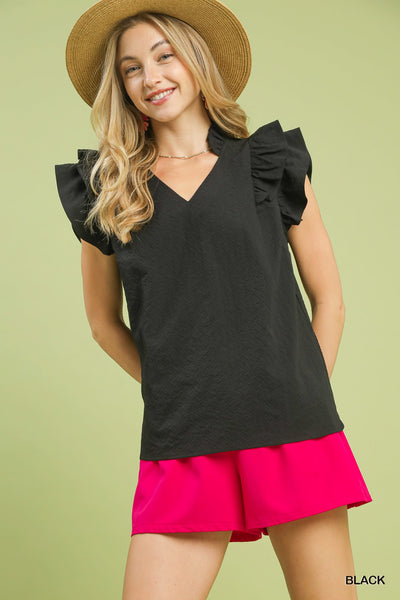 Textured Ruffle Sleeve V-neck Black Blouse