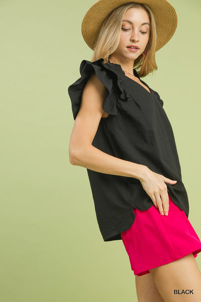Textured Ruffle Sleeve V-neck Black Blouse