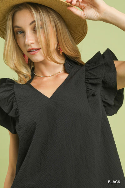 Textured Ruffle Sleeve V-neck Black Blouse