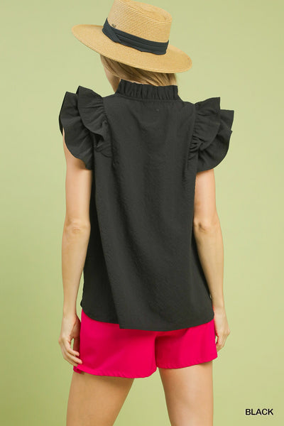 Textured Ruffle Sleeve V-neck Black Blouse