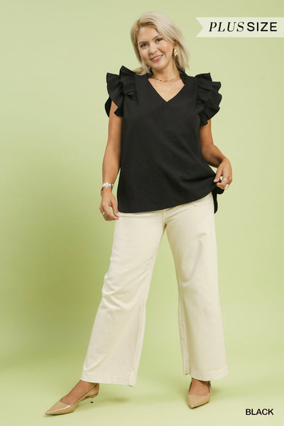 Textured Ruffle Sleeve V-neck Black Blouse