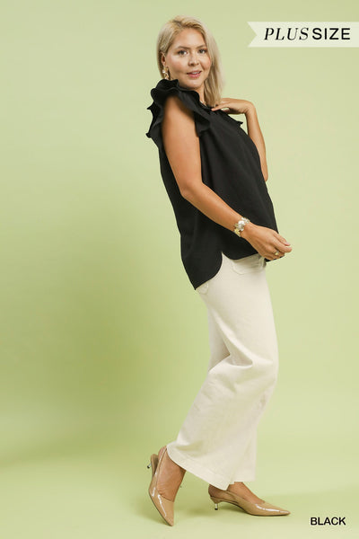 Textured Ruffle Sleeve V-neck Black Blouse