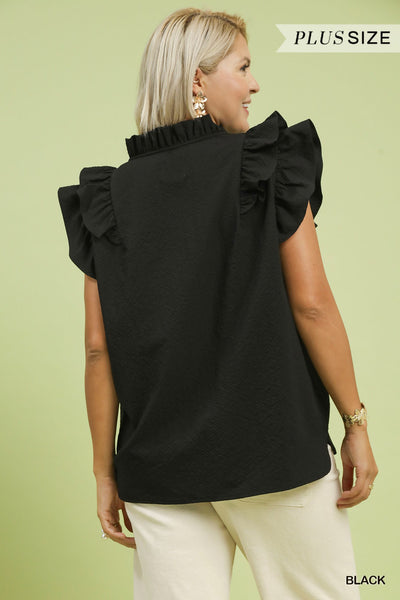 Textured Ruffle Sleeve V-neck Black Blouse